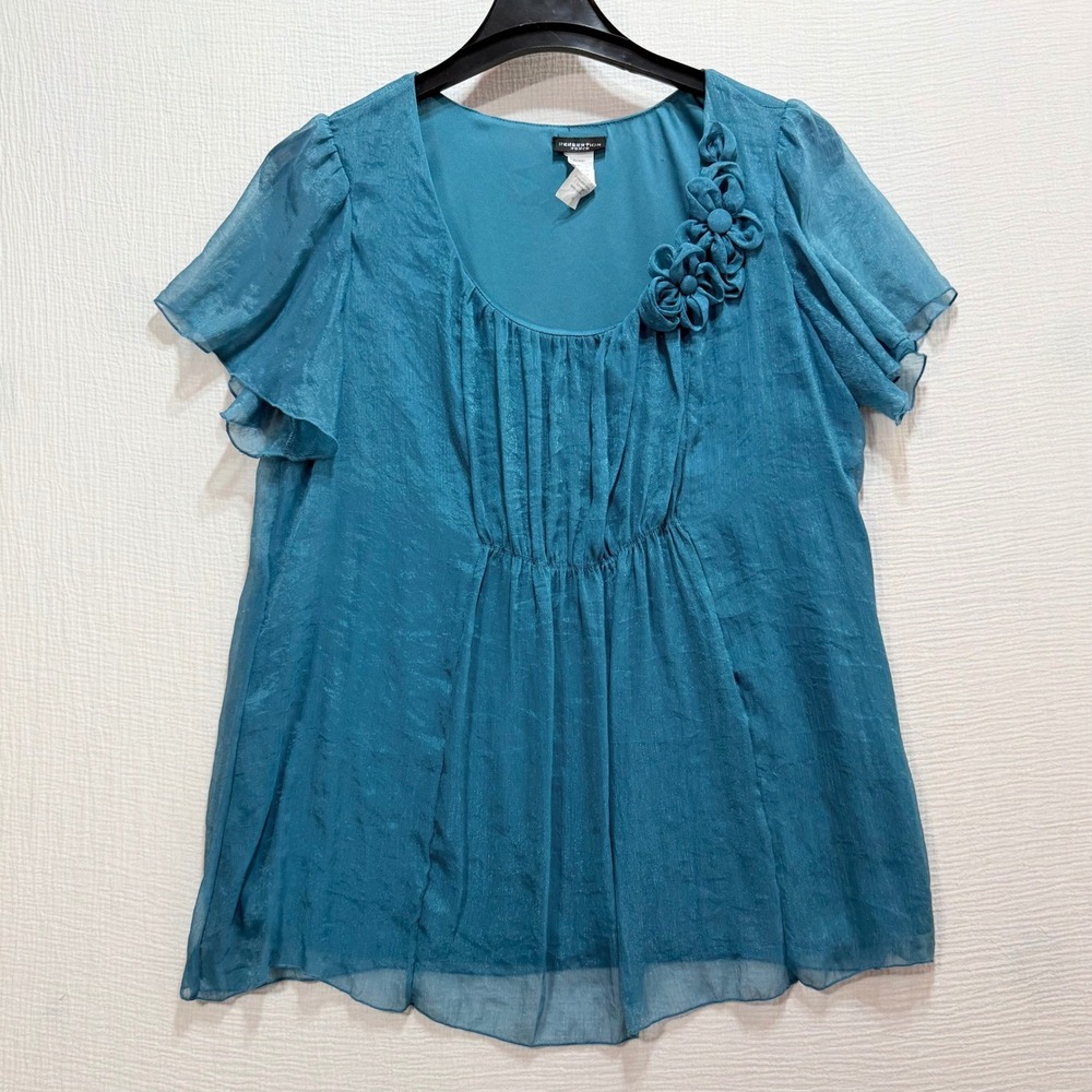 Cottagecore Top Womens 1X Teal‎ Blue Floral Applique Shimmer Babydoll Romantic